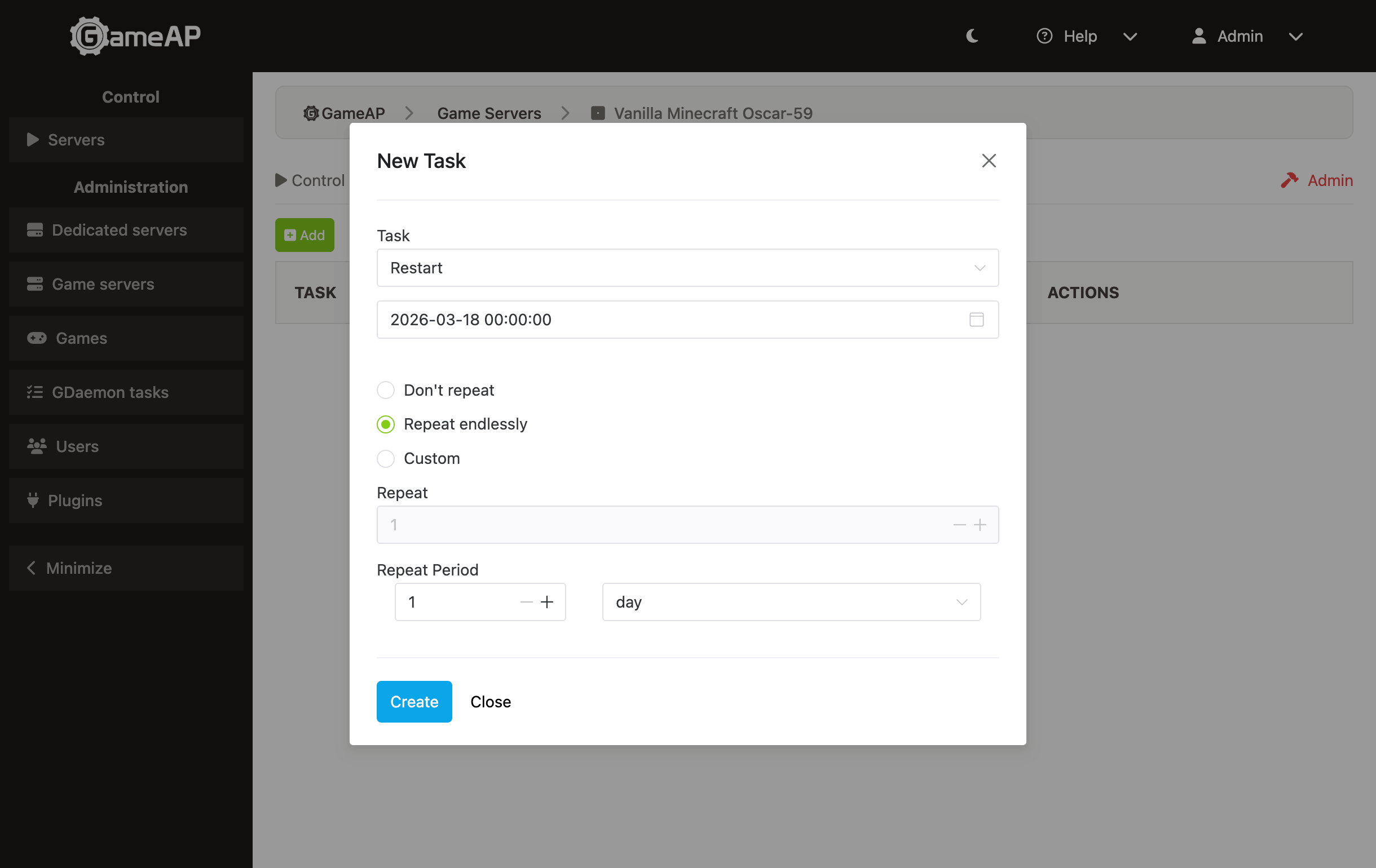 GameAP task scheduler
